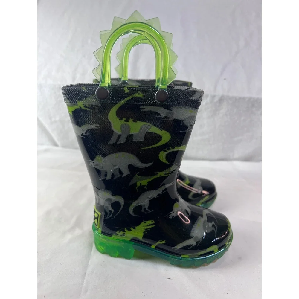 Western Chief Kids Dinosaur Rain Boots Black Green Spiked Handles Size 5 Toddler